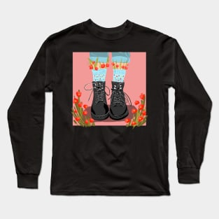 illustration black shoes with flowers.  boots with socks.flowers in socks Long Sleeve T-Shirt